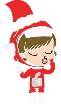 flat color illustration of a pretty astronaut girl wearing santa hat vector