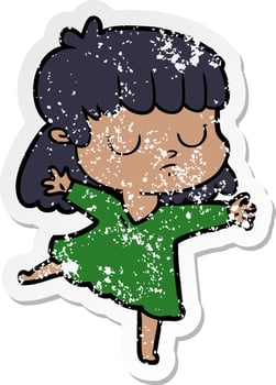 distressed sticker of a cartoon indifferent woman dancing vector