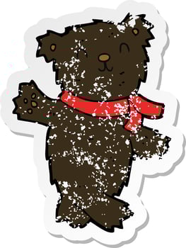 retro distressed sticker of a cartoon waving teddy black bear vector