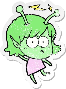 distressed sticker of a cartoon alien girl vector