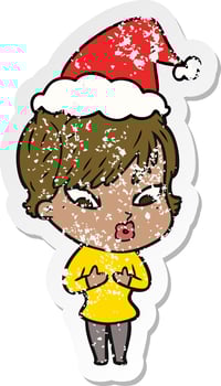 distressed sticker cartoon of a woman wearing santa hat vector