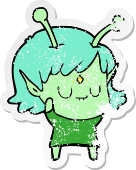 distressed sticker of a cartoon alien girl vector