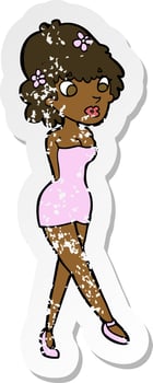 retro distressed sticker of a cartoon woman posing in dress vector