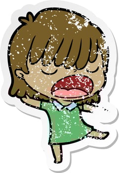 distressed sticker of a cartoon woman talking loudly vector