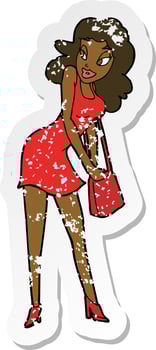 retro distressed sticker of a cartoon woman looking in handbag vector