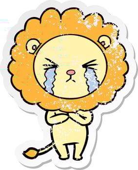 distressed sticker of a cartoon crying lion vector