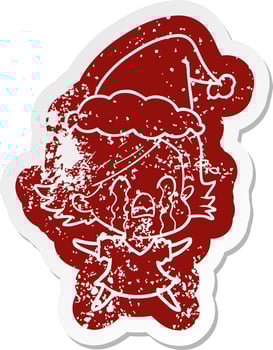 cartoon distressed sticker of a woman crying wearing santa hat vector
