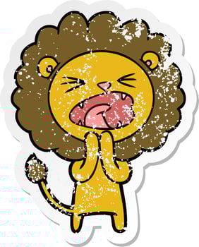 distressed sticker of a cartoon lion praying vector