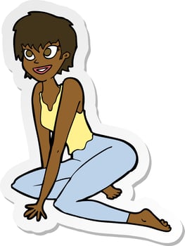 sticker of a cartoon happy woman sitting on floor vector