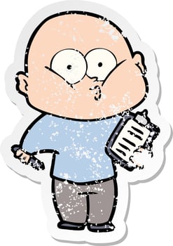 distressed sticker of a cartoon bald man staring vector