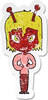 retro distressed sticker of a cartoon alien woman vector