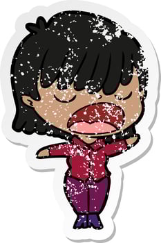 distressed sticker of a cartoon woman talking loudly vector