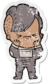 distressed sticker of a cartoon annoyed hipster girl wearing space suit vector