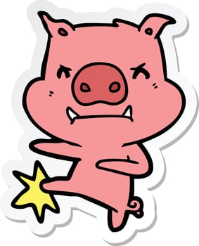 sticker of a angry cartoon pig karate kicking vector