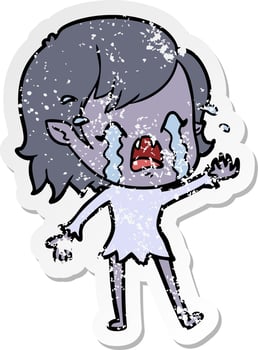 distressed sticker of a cartoon crying vampire girl vector