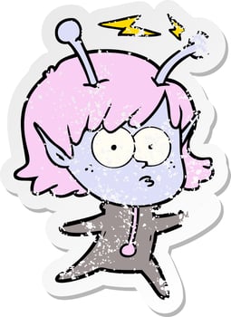 distressed sticker of a cartoon alien girl vector