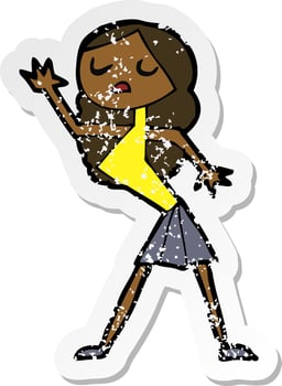 retro distressed sticker of a cartoon woman dancing vector