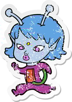 distressed sticker of a pretty cartoon alien girl running vector