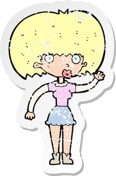 retro distressed sticker of a cartoon woman waving vector