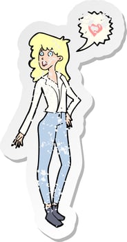 retro distressed sticker of a cartoon woman in love vector