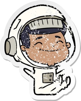 distressed sticker of a happy cartoon astronaut vector