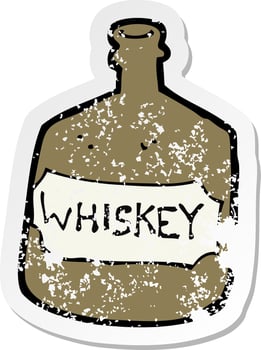 retro distressed sticker of a cartoon old whiskey bottle vector
