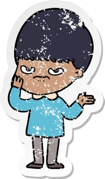 distressed sticker of a annoyed cartoon boy vector