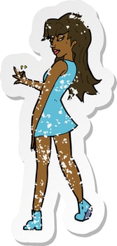 retro distressed sticker of a cartoon woman posing in dress vector