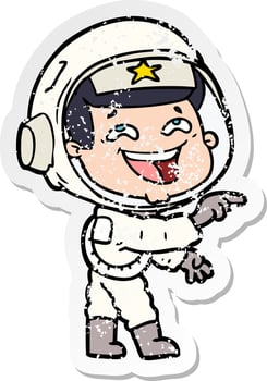 distressed sticker of a cartoon laughing astronaut vector