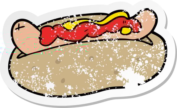 distressed sticker of a cartoon hotdog vector
