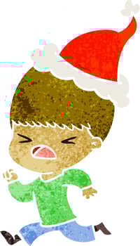 retro cartoon of a stressed man wearing santa hat vector
