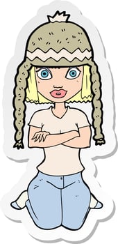 sticker of a cartoon woman wearing hat vector