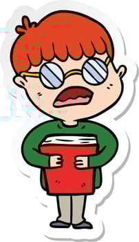 sticker of a cartoon boy hugging book wearing spectacles vector