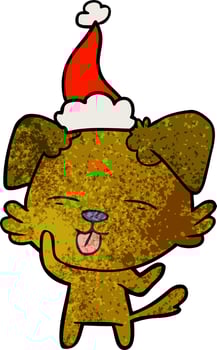 textured cartoon of a dog sticking out tongue wearing santa hat vector