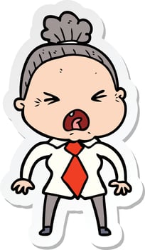 sticker of a cartoon angry old woman vector