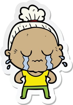sticker of a cartoon crying old lady vector