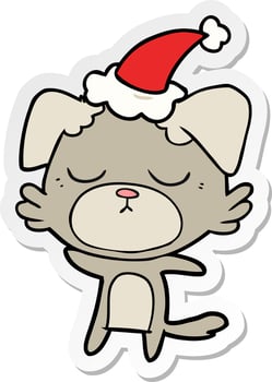 cute sticker cartoon of a dog wearing santa hat vector