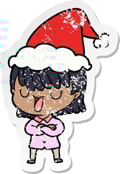 distressed sticker cartoon of a woman wearing santa hat vector