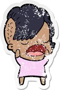 distressed sticker of a cartoon cool hipster girl talking vector