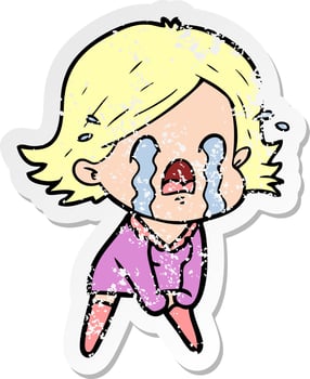 distressed sticker of a cartoon woman crying vector