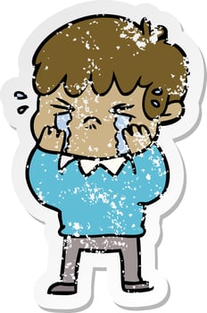 distressed sticker of a cartoon boy crying vector