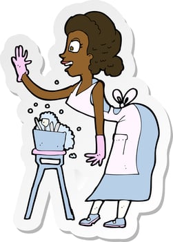 sticker of a cartoon housewife washing up vector