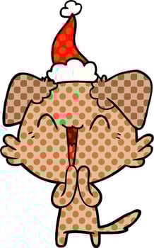 laughing little dog comic book style illustration of a wearing santa hat vector