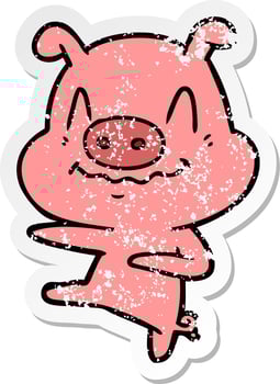 distressed sticker of a nervous cartoon pig dancing vector