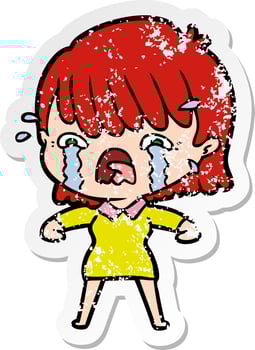 distressed sticker of a cartoon girl crying vector