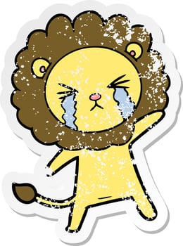 distressed sticker of a cartoon crying lion vector
