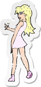 retro distressed sticker of a cartoon woman posing in dress vector