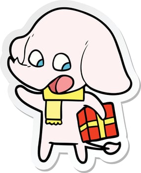 sticker of a cute cartoon elephant with christmas present vector