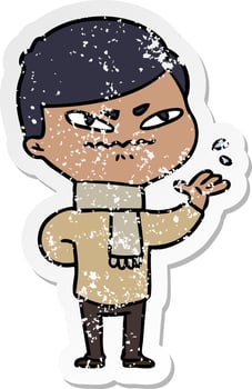 distressed sticker of a cartoon angry man vector