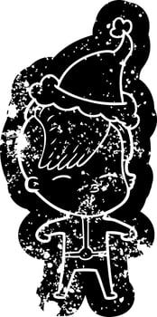 cartoon distressed icon of a girl wearing futuristic clothes wearing santa hat vector